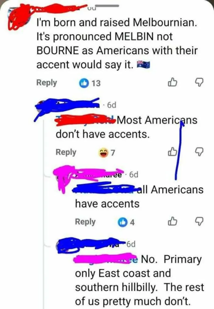 Online argument where internet users discuss regional accents and geographical assumptions.