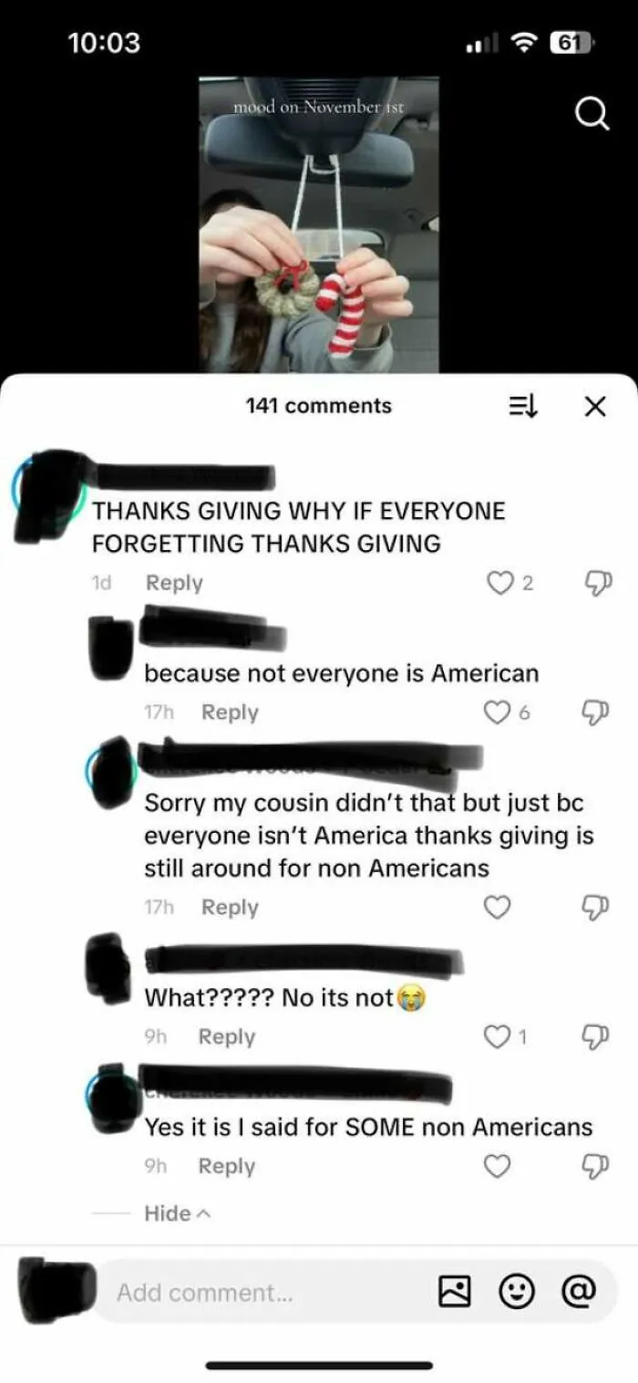 Screenshot of social media comments showing internet users debate if Thanksgiving is celebrated outside America.