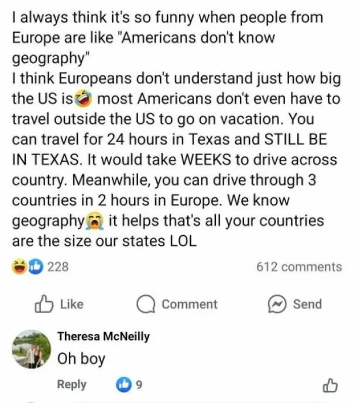 Social media post claiming it takes weeks to drive across Texas, showing how internet users lack education in geography.