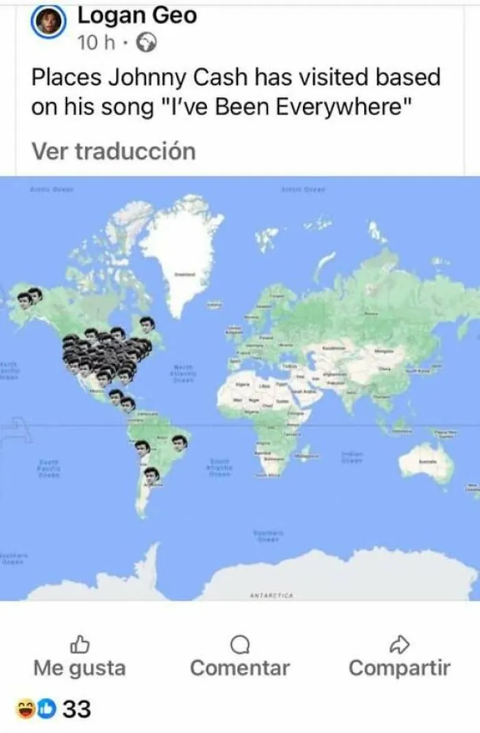 World map showing places Johnny Cash visited based on his song, illustrating how internet users view the world.