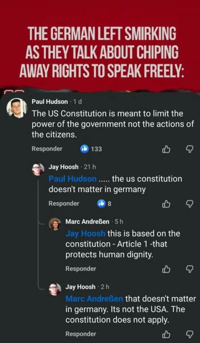 Online discussion thread illustrating how internet users lack education about international law and US Constitution.