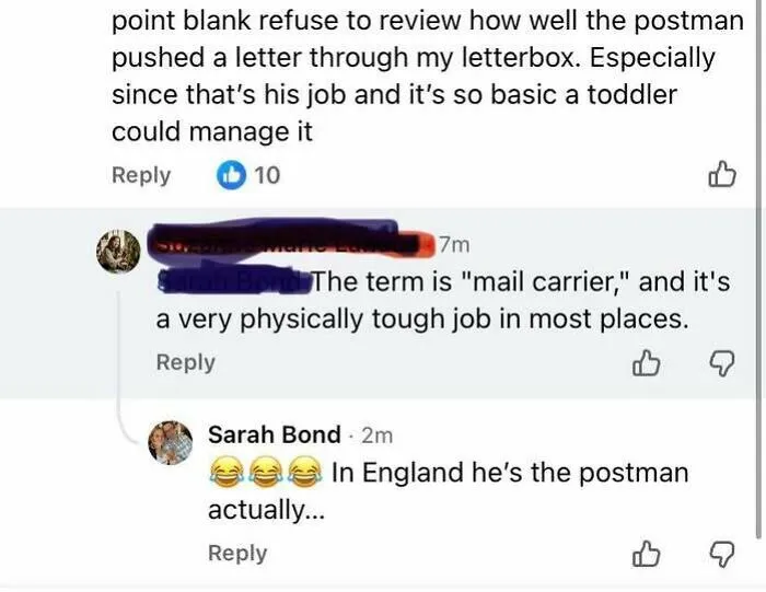 Comment thread showing internet users lack education by correcting British English terminology with American terms.