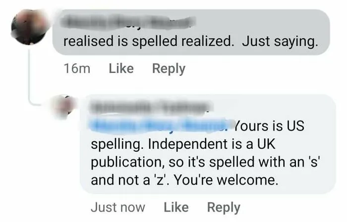 Screenshot of social media comments arguing over US vs UK spelling, highlighting how internet users lack education.