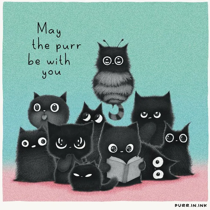 Cat illustrations by Luis Coelho showing a group of black cats gathered together with one reading a book