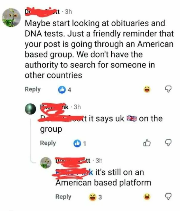 Facebook comment chain where an internet user insists a UK group is American, showing how internet users lack education.