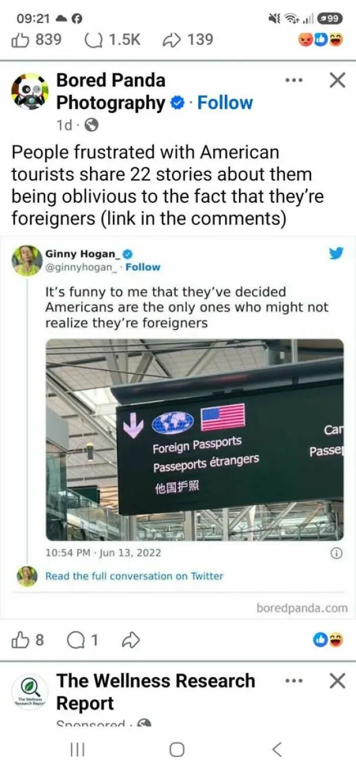 Social media post showing internet users lack education by complaining about US flag on foreign passport airport sign.