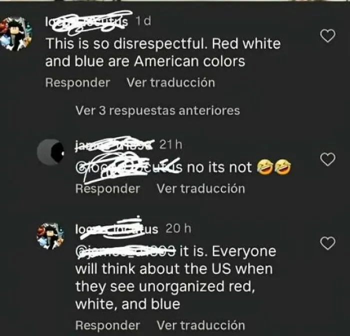 Screenshot of social media comments where internet users lack education, claiming red white and blue are US colors.