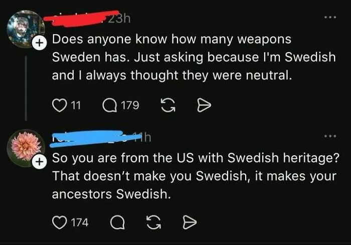 Post where Internet Users Showed Lack Education by confusing ancestral Swedish heritage with nationality.