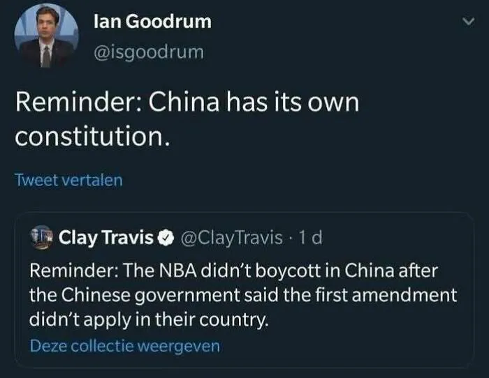 Tweet quote showing lack education about Chinese constitution and US laws