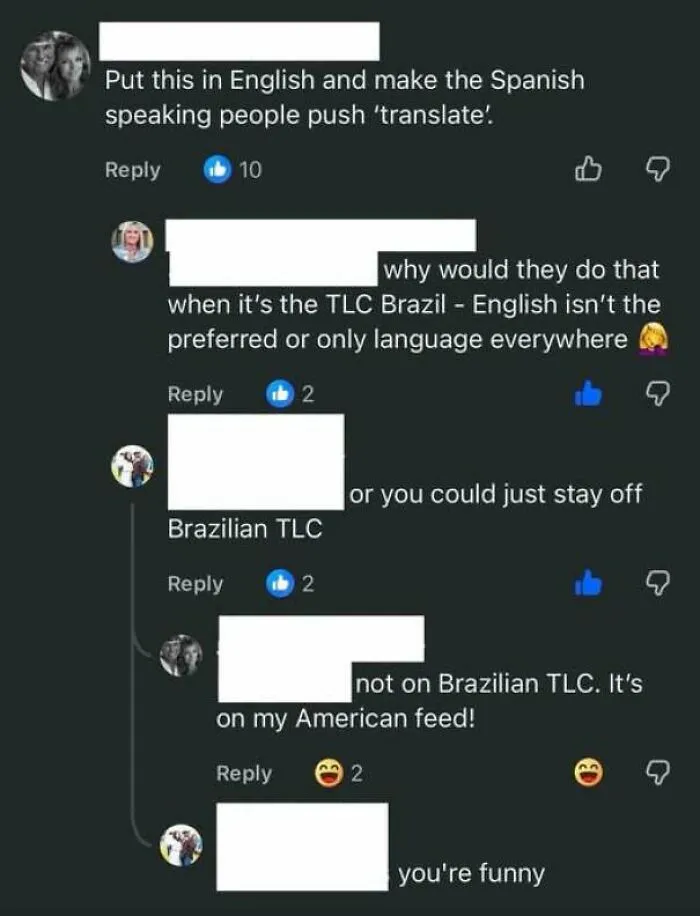 Facebook comments showing lack education about foreign languages on international feeds