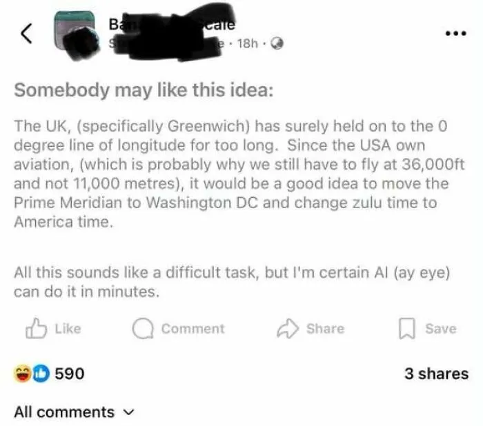 Social media post displaying Internet Users Showed Lack Education by suggesting moving Prime Meridian to DC.