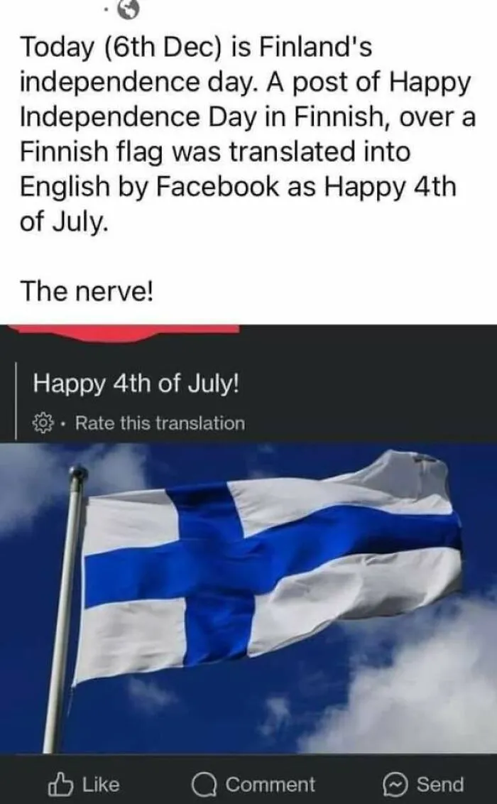 Facebook post translation showing lack education by translating Finnish independence to 4th of July