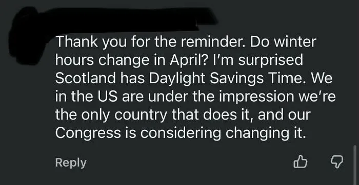 Social media comment showing lack education about Daylight Savings Time in other countries