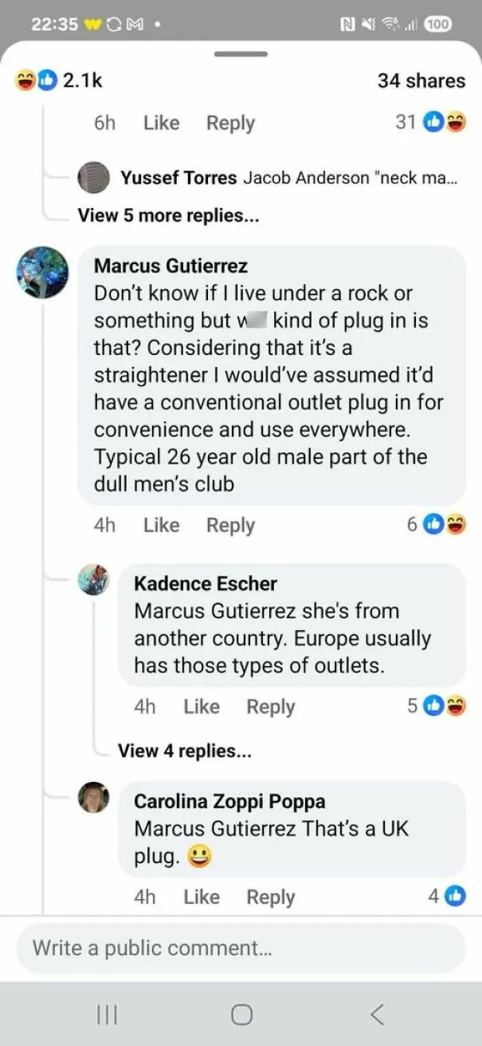 Social media thread where internet users show they lack education about international plug types.