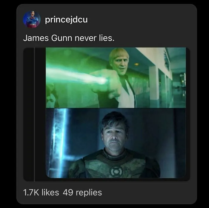 Social media screenshot referencing James Gunn in a post explaining complex memes
