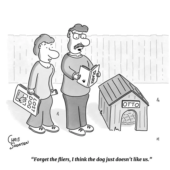Single-panel comic by Chris Shorten showing pet owners reading a lost dog's diary next to its empty doghouse