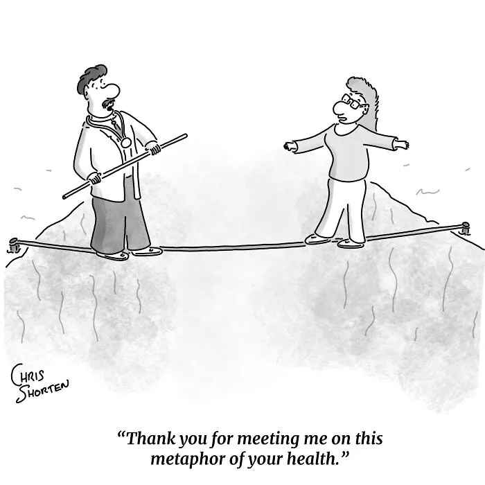 Single-panel comic by Chris Shorten featuring a doctor meeting a patient on a tightrope over a chasm
