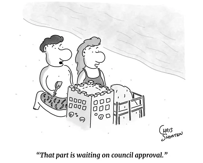 Single-Panel Comics By Chris Shorten depicting two people building a sandcastle on a sandy beach.
