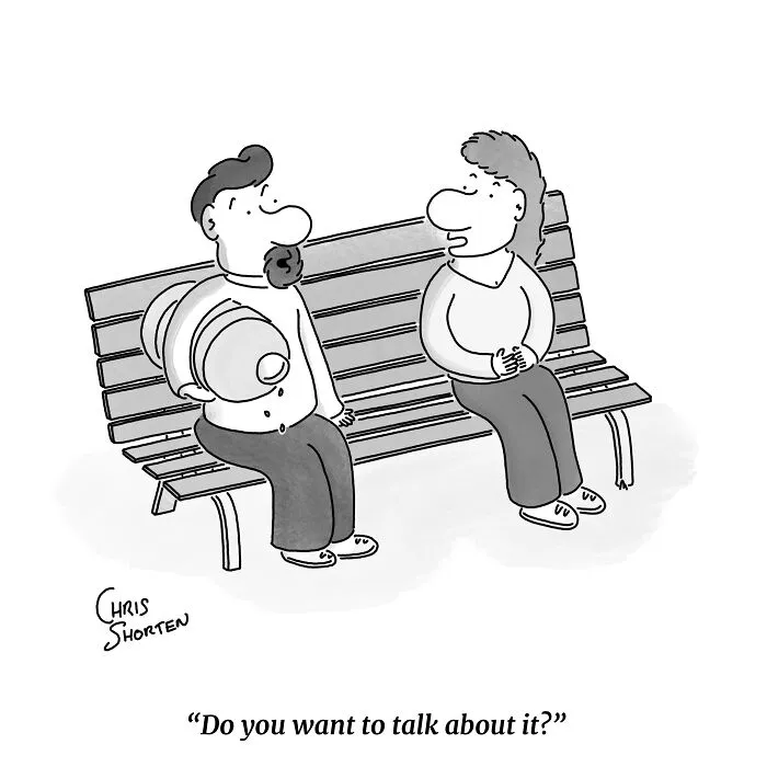 Single-panel comics showing two people sitting on a park bench having a conversation.