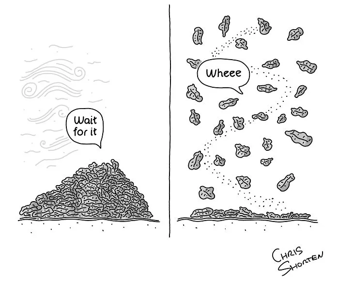 Single-Panel Comics By Chris Shorten depicting autumn leaves blowing in the wind in a two-frame comic.