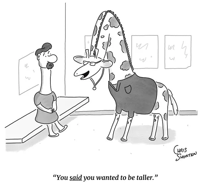 Chris Shorten single-panel comics featuring a giraffe doctor with glasses talking to a man with an elongated neck.