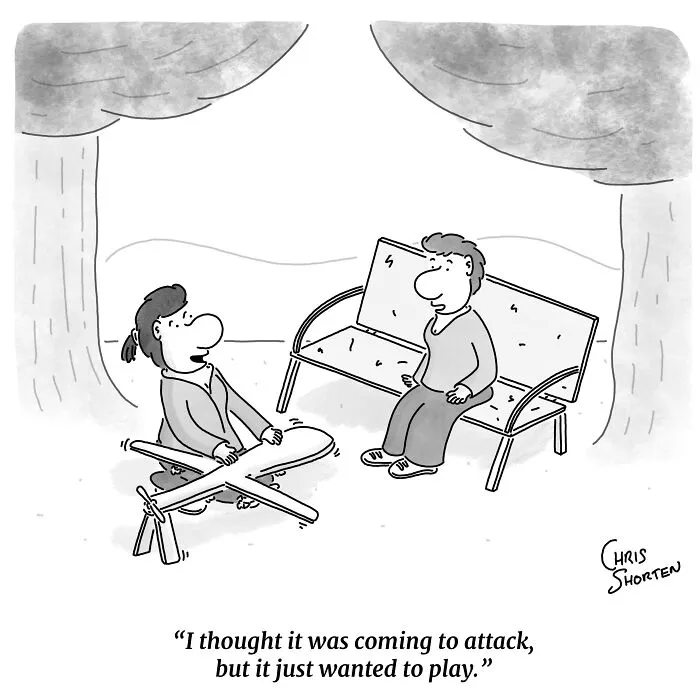 A single-panel comic by Chris Shorten showing a person playing with a small toy airplane on a park bench.
