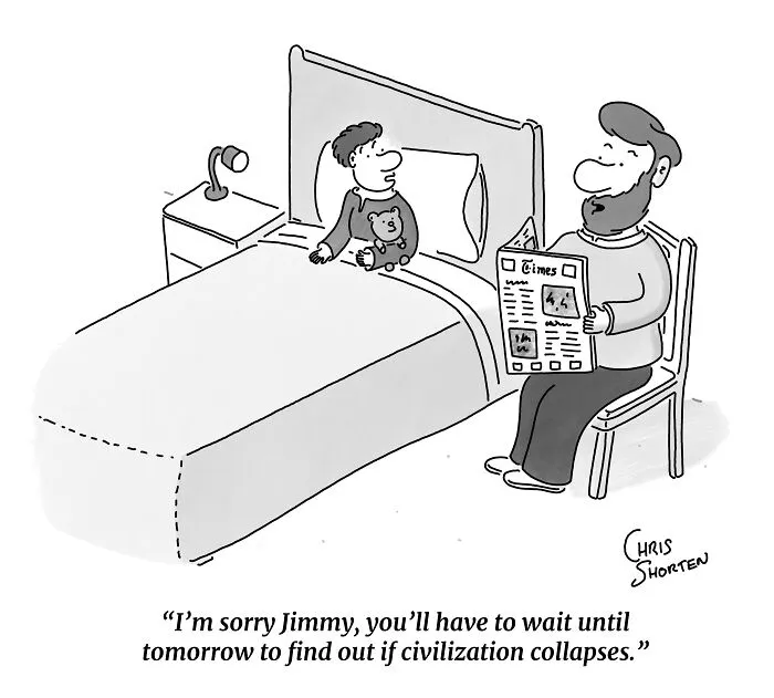 Single-panel comic by Chris Shorten featuring a father reading a newspaper bedtime story to his son.
