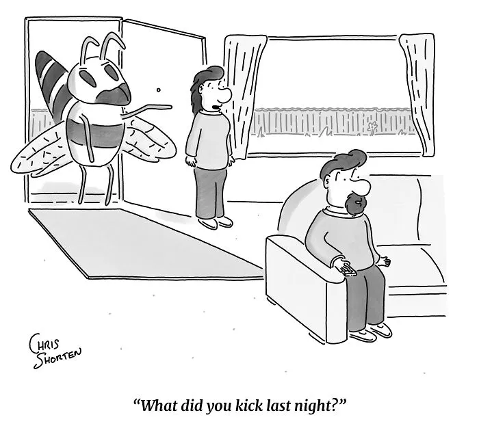 Single-panel comic by Chris Shorten showing a giant bee standing in the doorway of a house.