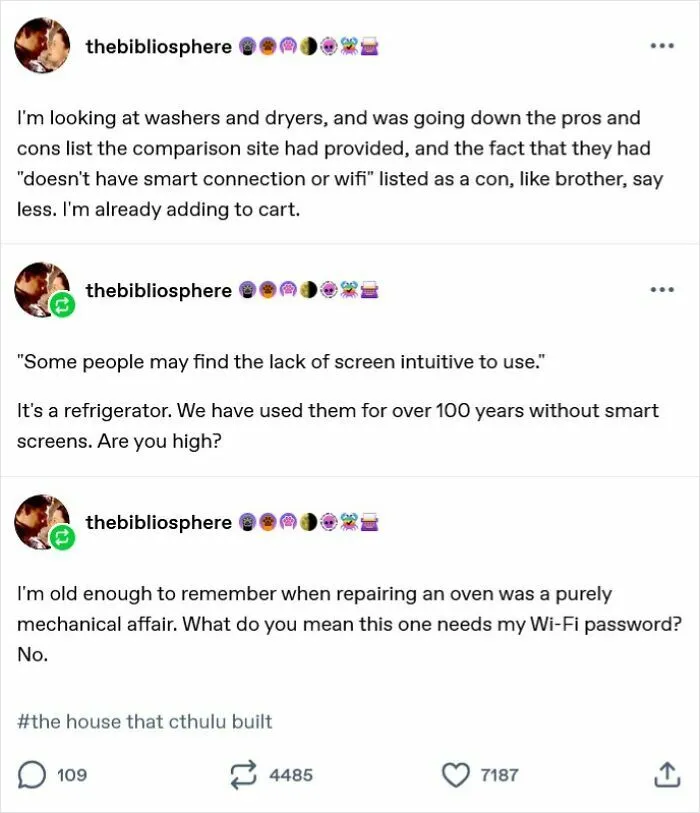 Tumblr post about frustration with smart technology in household appliances