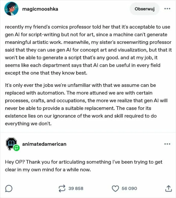 Tumblr post discussing generative AI's impact on script-writing and art
