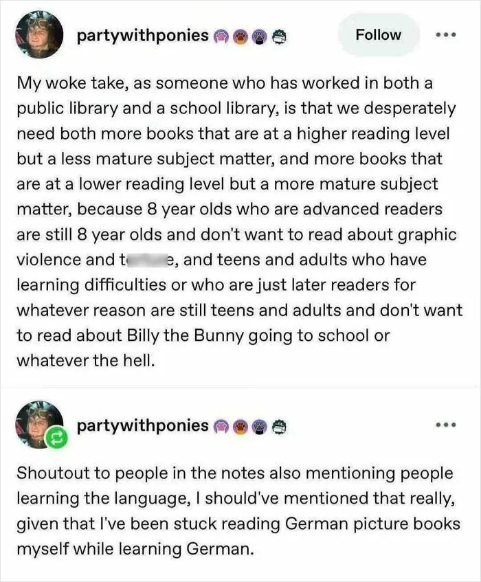 Tumblr post discussing the need for diverse reading levels and mature subjects in libraries