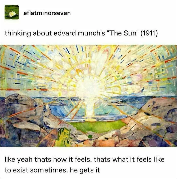 Tumblr post reflecting on Edvard Munch's painting The Sun with colorful rays over a landscape