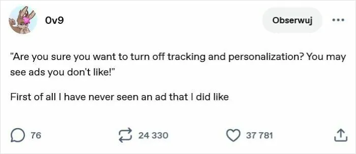 Funny Tumblr post about disliking ads after turning off tracking and personalization
