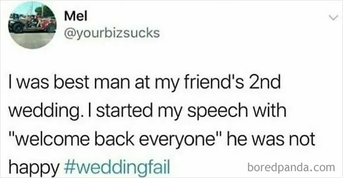 British humor wedding fail with best man speech joke about second wedding