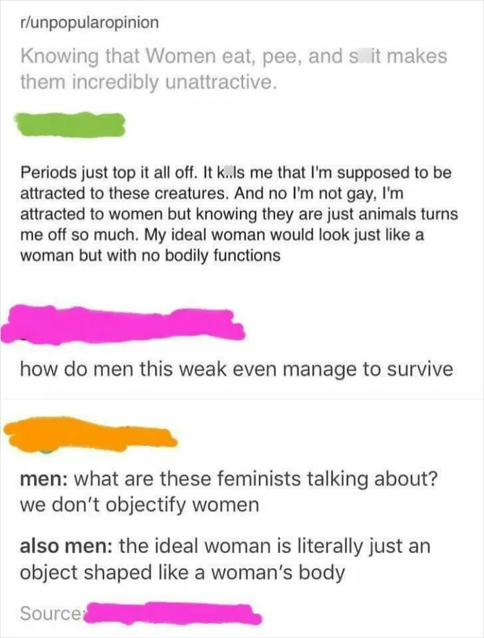 Social media thread with absurd takes on female anatomy and basic bodily functions.
