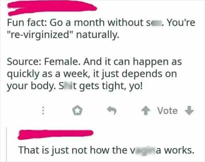 Reddit post with a misconception about female anatomy, corrected by another user.