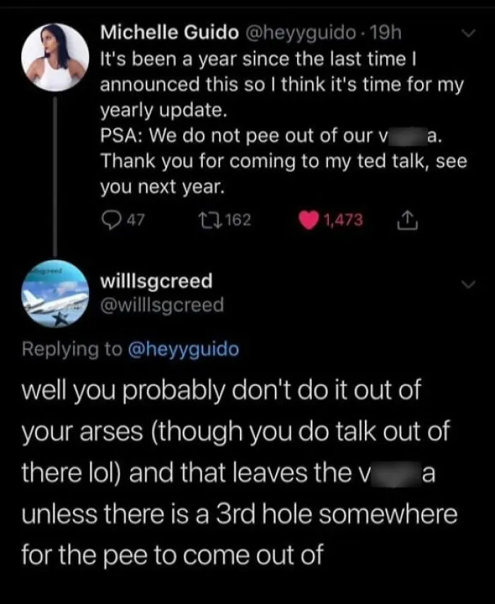 Twitter exchange showing wrong takes on female anatomy regarding female urination.