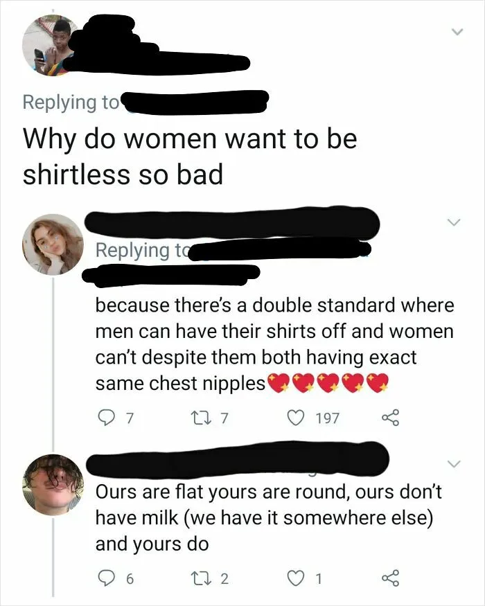 Twitter exchange showing a bizarre comment about chest nipples and wrong takes on female anatomy.