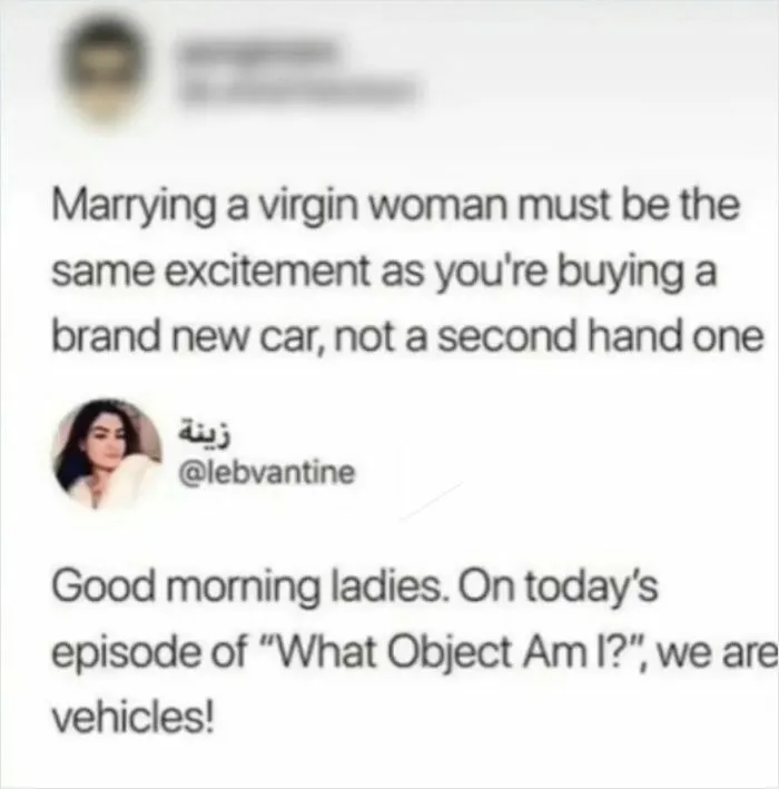 Tweet comparing women to cars, illustrating wrong takes on female anatomy and objectification.