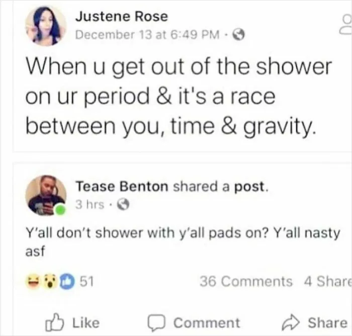 Facebook post screenshot showing wrong takes on female anatomy regarding period pads in the shower.