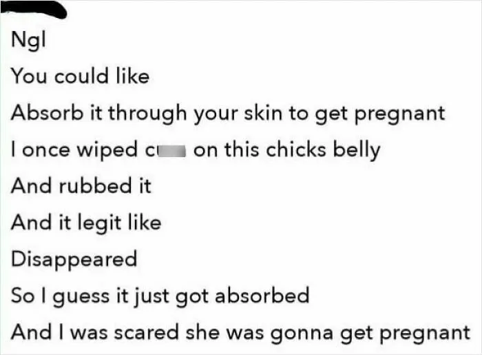 Screenshot with a wrong take on female anatomy claiming skin can absorb bodily fluids to cause pregnancy.