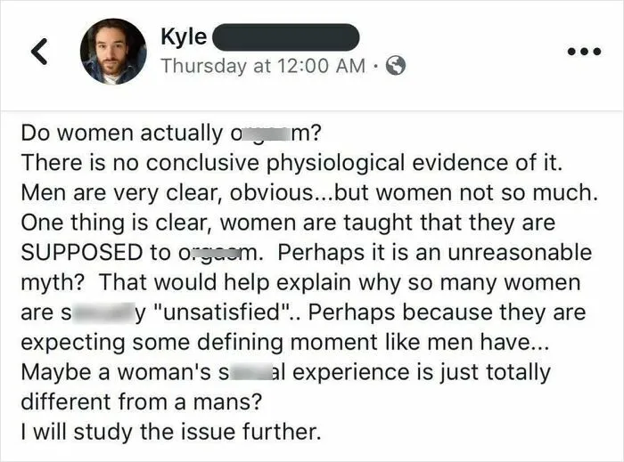 Social media post displaying wrong takes on female anatomy about female orgasms.