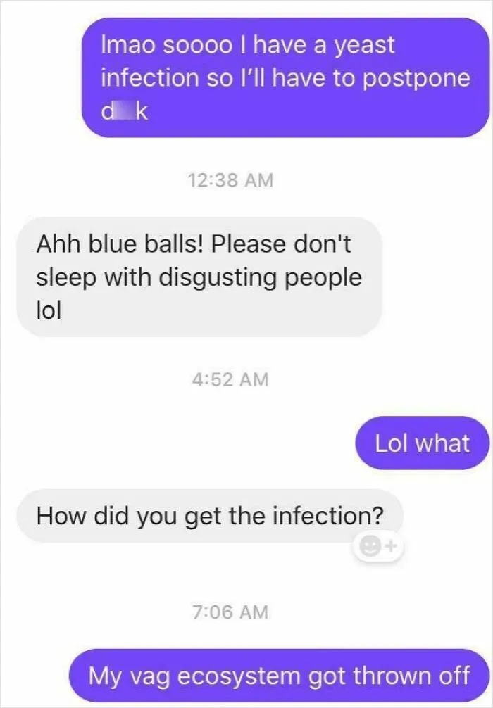 Screenshot of text messages showing wrong takes on female anatomy regarding yeast infections.