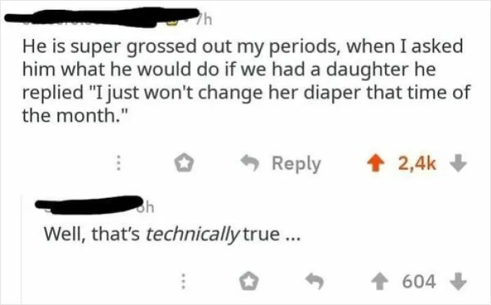 A online comment section illustrating wrong takes on female anatomy regarding baby diapers and periods.