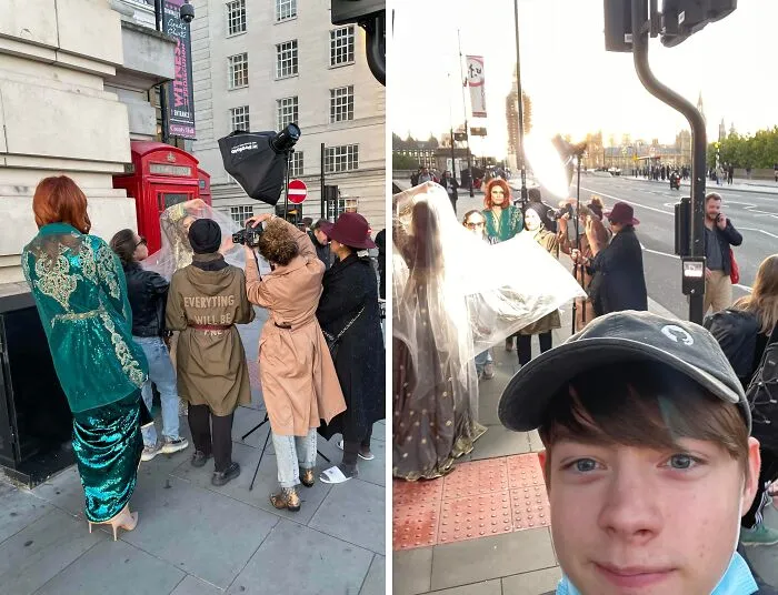 Influencers stage an elaborate photo shoot in public spaces near a London phone booth.