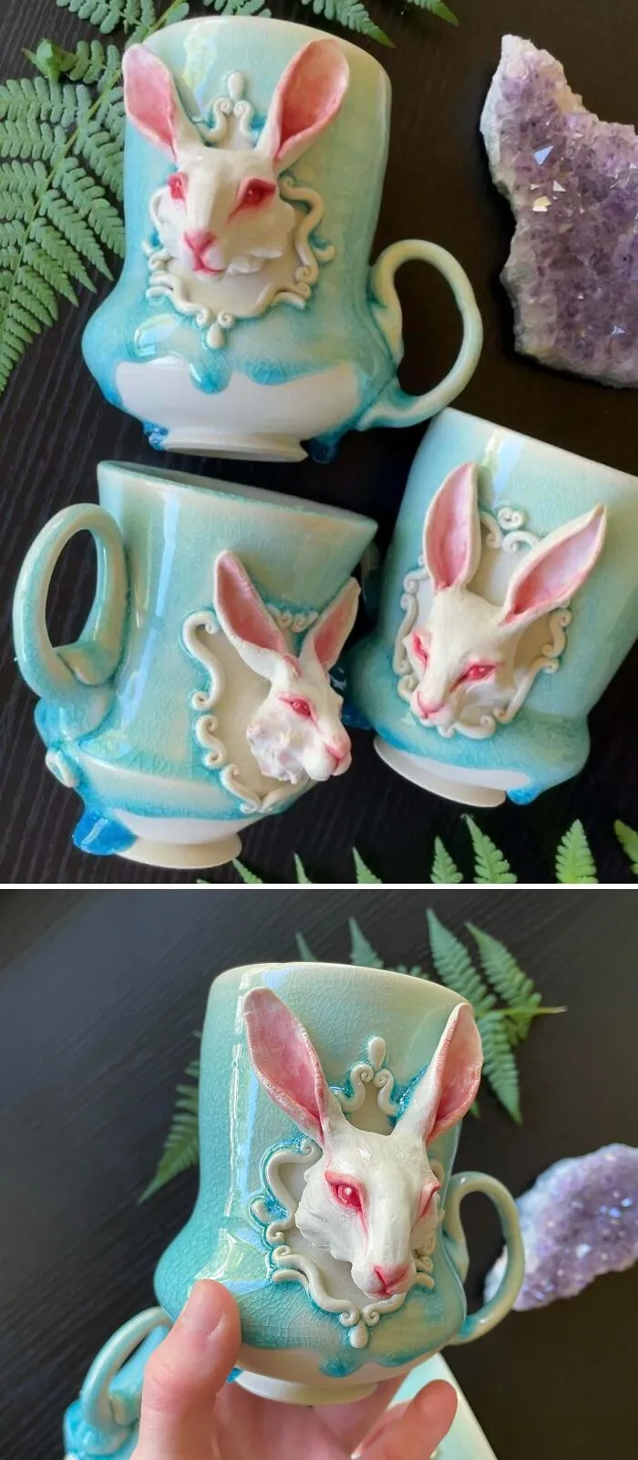 Light blue handmade pottery mugs with sculpted rabbit faces