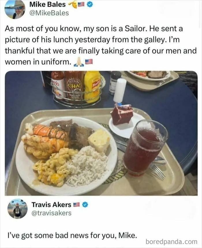 Social media post showing a fancy navy galley meal with a funny reply, part of complex memes explained.