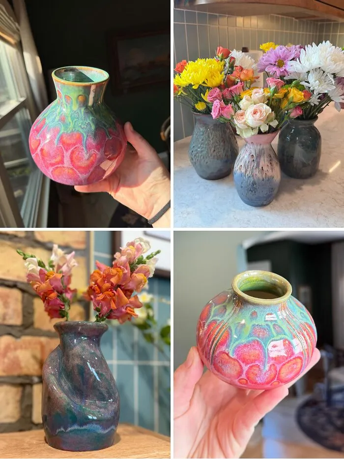 A collage showing four colorful handmade ceramic vases filled with fresh flowers, illustrating pottery creations.