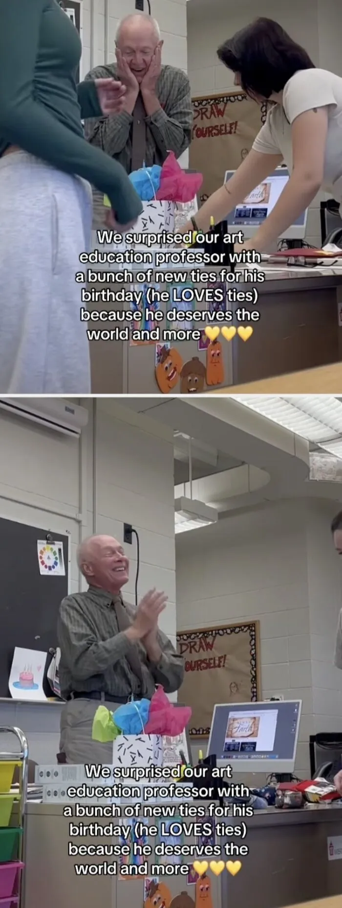 Happy professor surprised with new ties by students, capturing wholesome moments from the classroom.