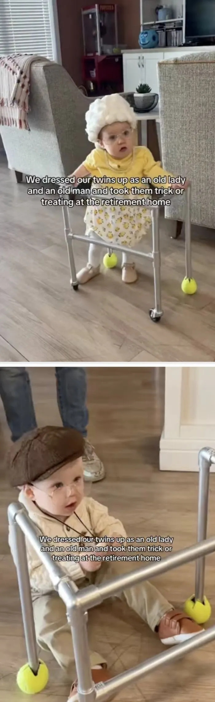 Toddler twins dressed up as elderly people with walkers in wholesome moments of Halloween fun.
